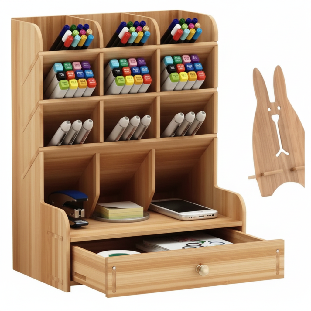 Wooden desk organizer with shelves and a drawer, holding stationery items.