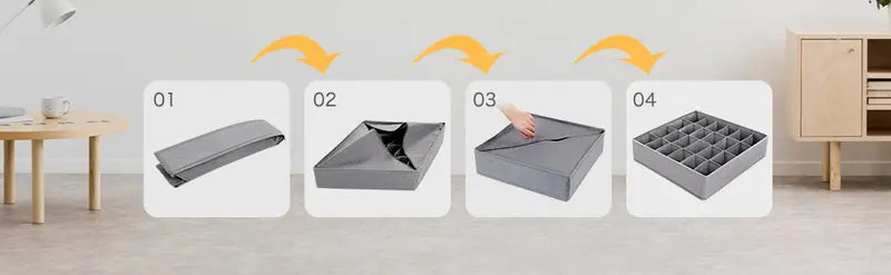 Step-by-step guide on how to use a gray storage solution with arrows and text labels.