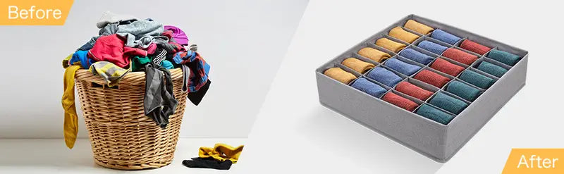 Before and after comparison of a laundry basket with clothes and a neatly organized box of folded clothes.