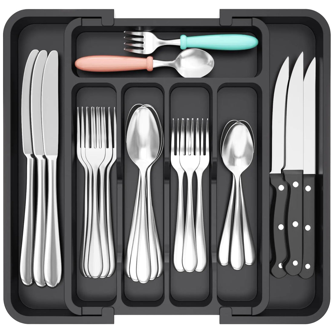 Set of silver cutlery including knives, forks, and spoons in a black organizer.