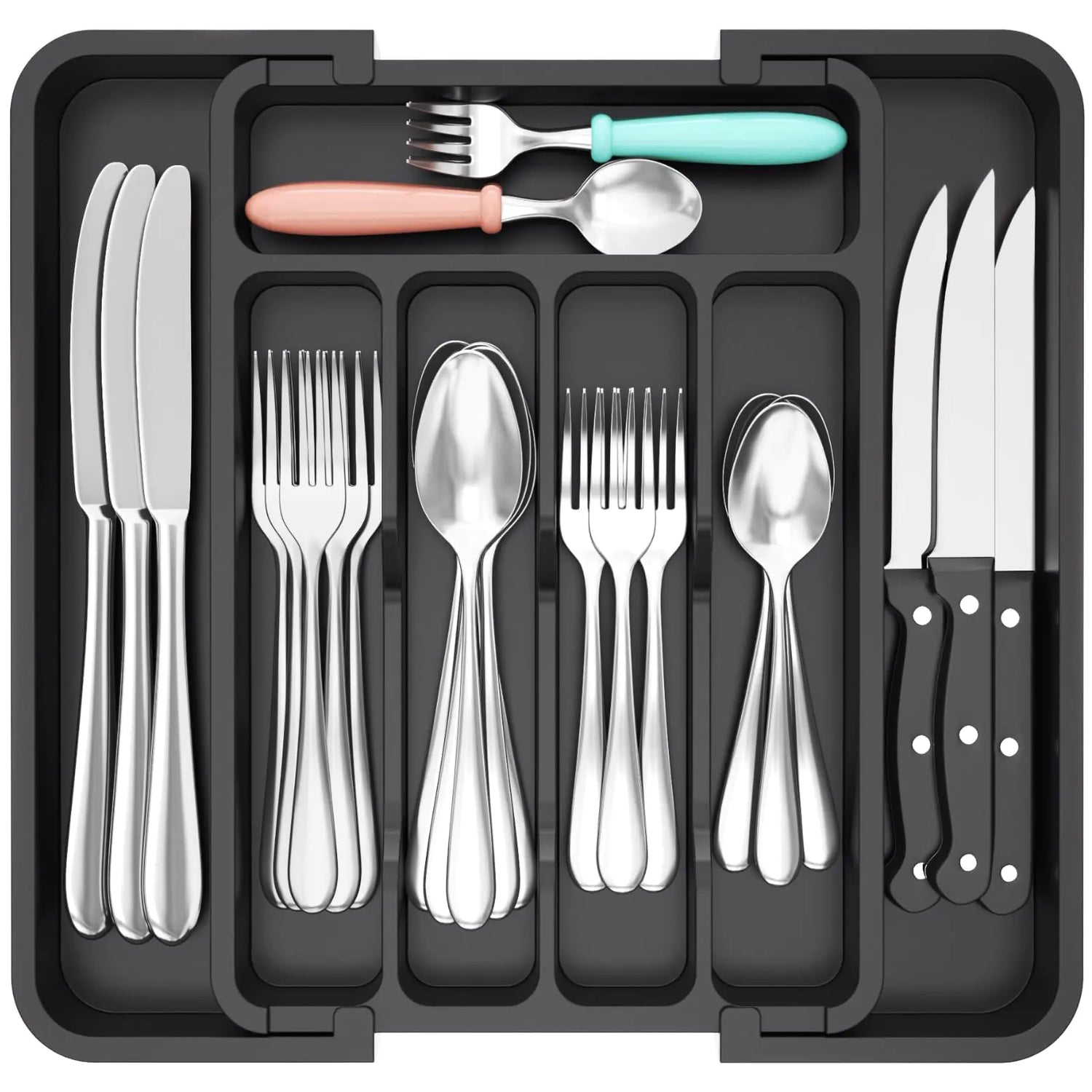 Set of silver cutlery including knives, forks, and spoons in a black organizer.