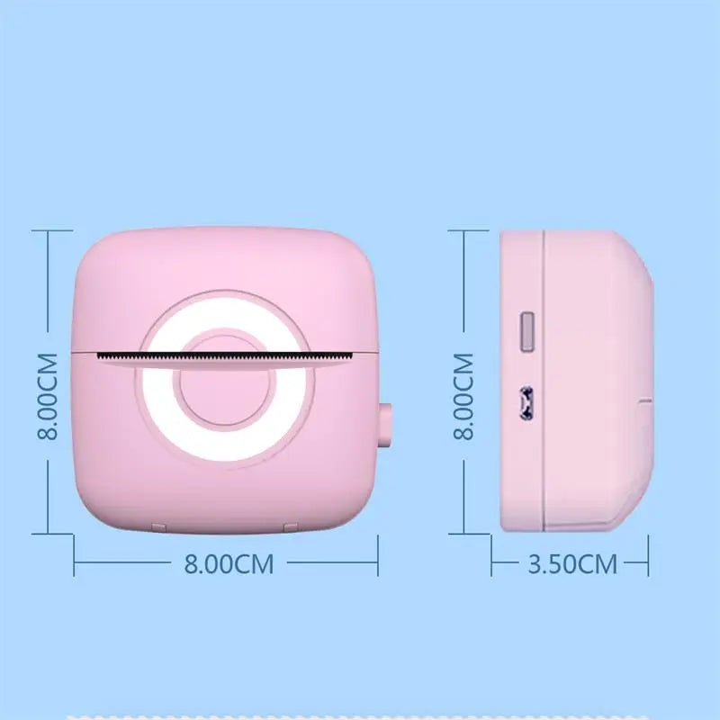 Pink electronic device with dimensions labeled on a blue background
