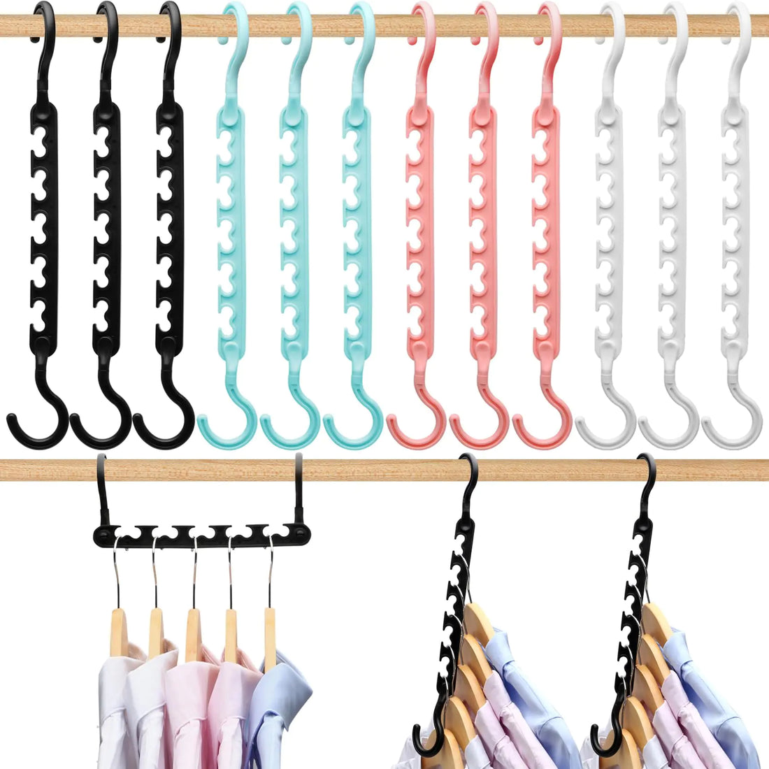 Set of colorful hangers on a rack with clothes underneath.