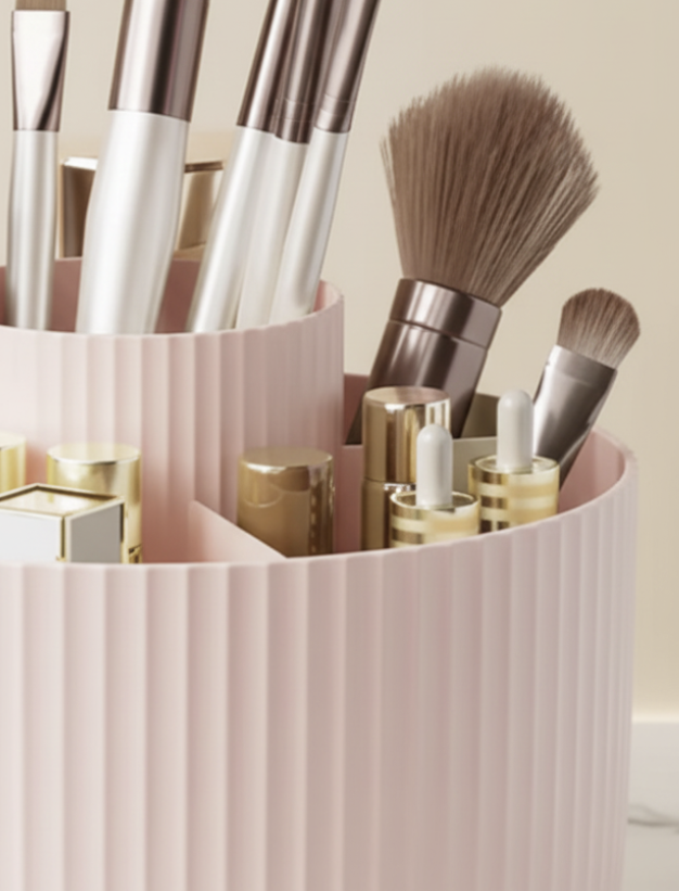 Makeup brushes and products in a pink holder on a light background