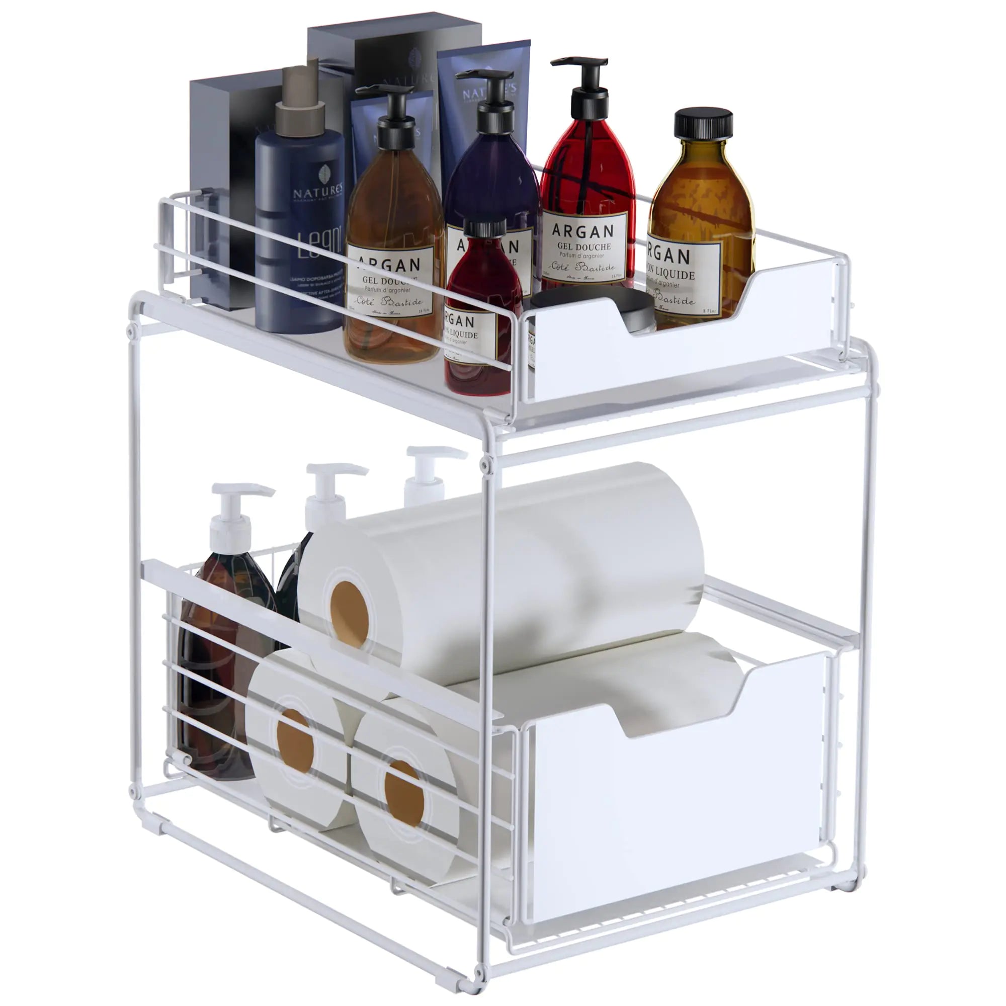 White metal storage rack with toiletries on a white background