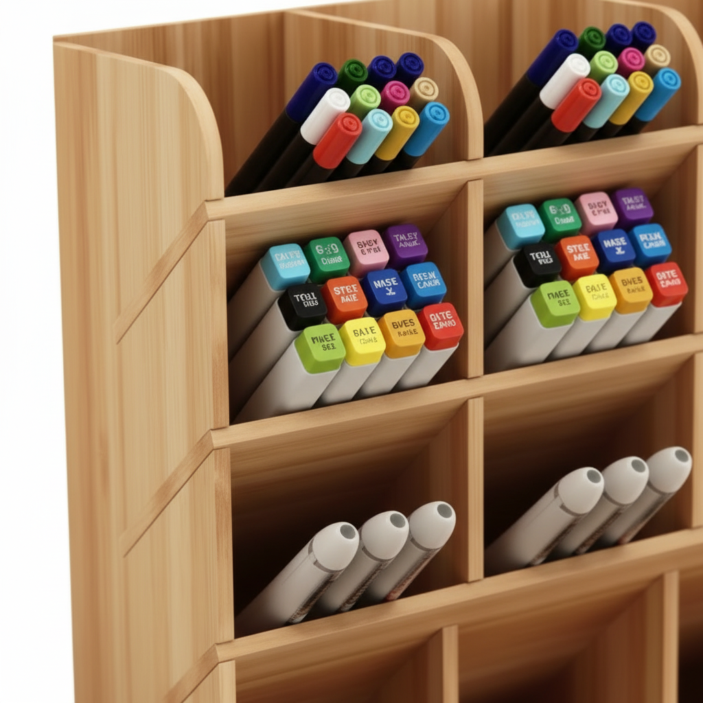 Close-up Detail of Wooden Desk Organizer