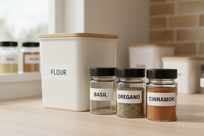 Close-up of thermal sticker labels on jars and bins