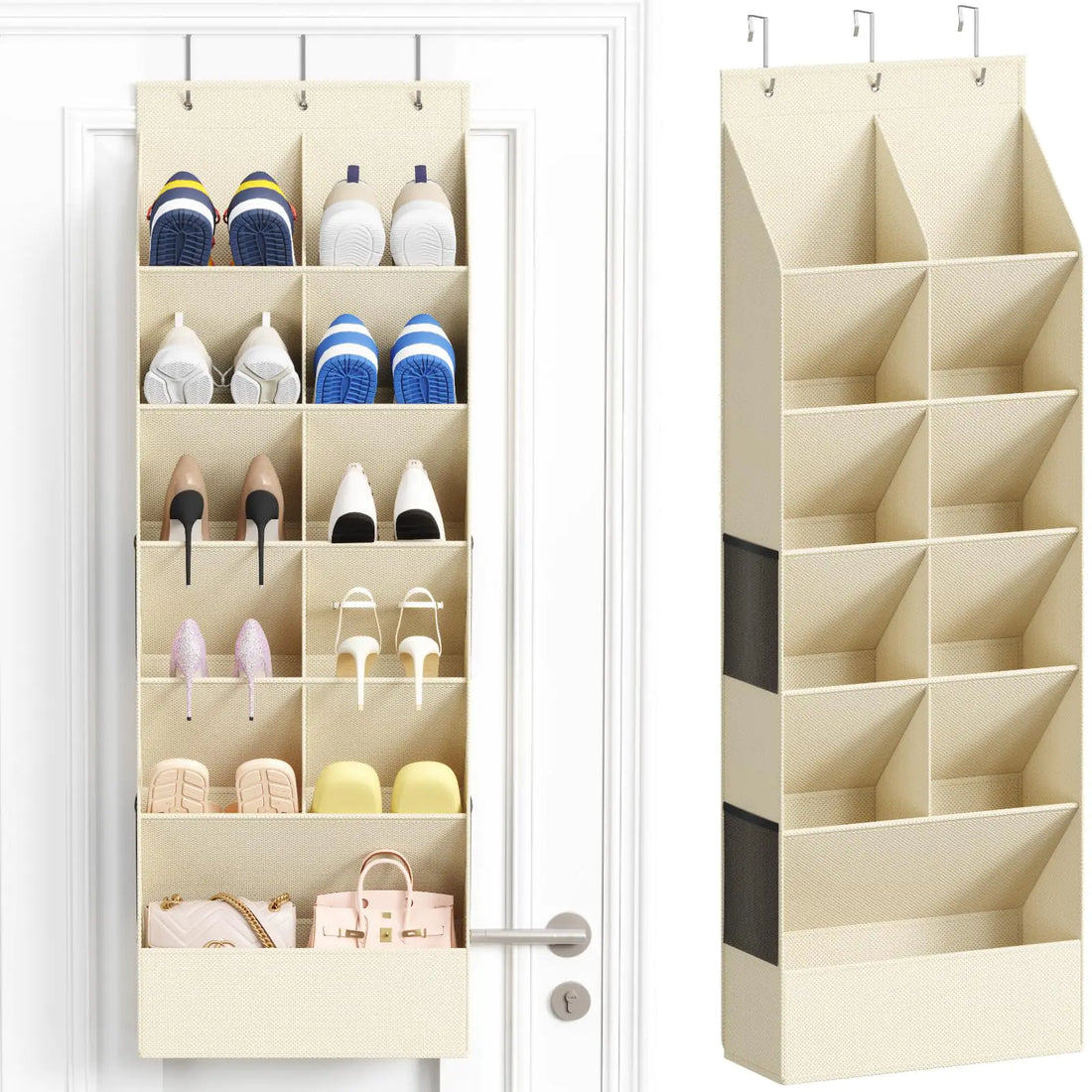 Beige over-the-door shoe organizer with shoes and bags inside, mounted on a white door.