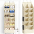Beige over-the-door shoe organizer with shoes and bags inside, mounted on a white door.