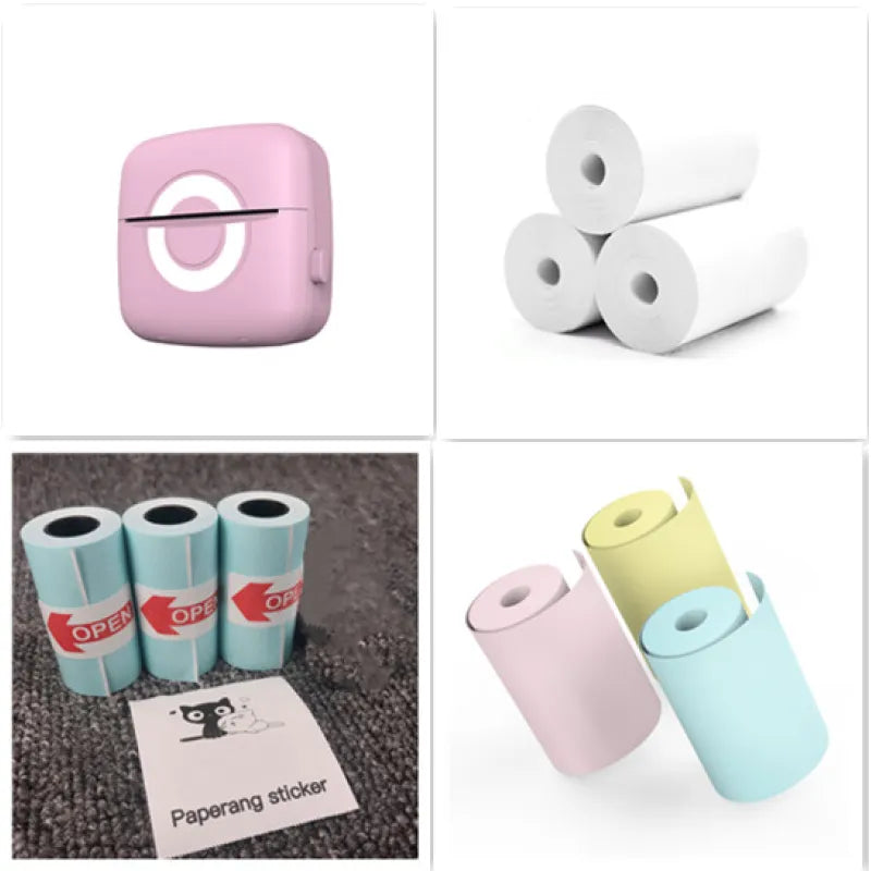 Collage of a pink device, white paper rolls, blue paper rolls with stickers, and a pink and blue roll of paper.