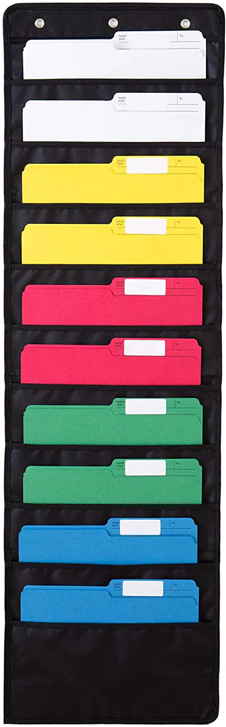 Hanging file organizer with colorful folders on a black background