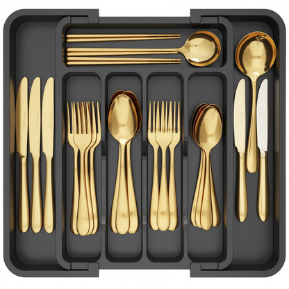 Organized Drawer with Gold Utensils