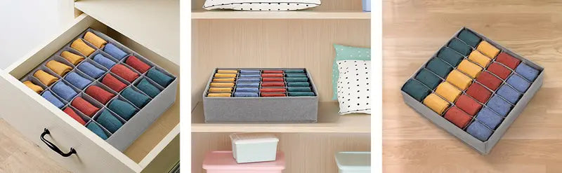 Colorful fabric storage boxes in a drawer, on a shelf, and on a surface.
